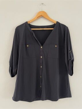 Ellen Tracy Black Button-Front Blouse with Gold Buttons